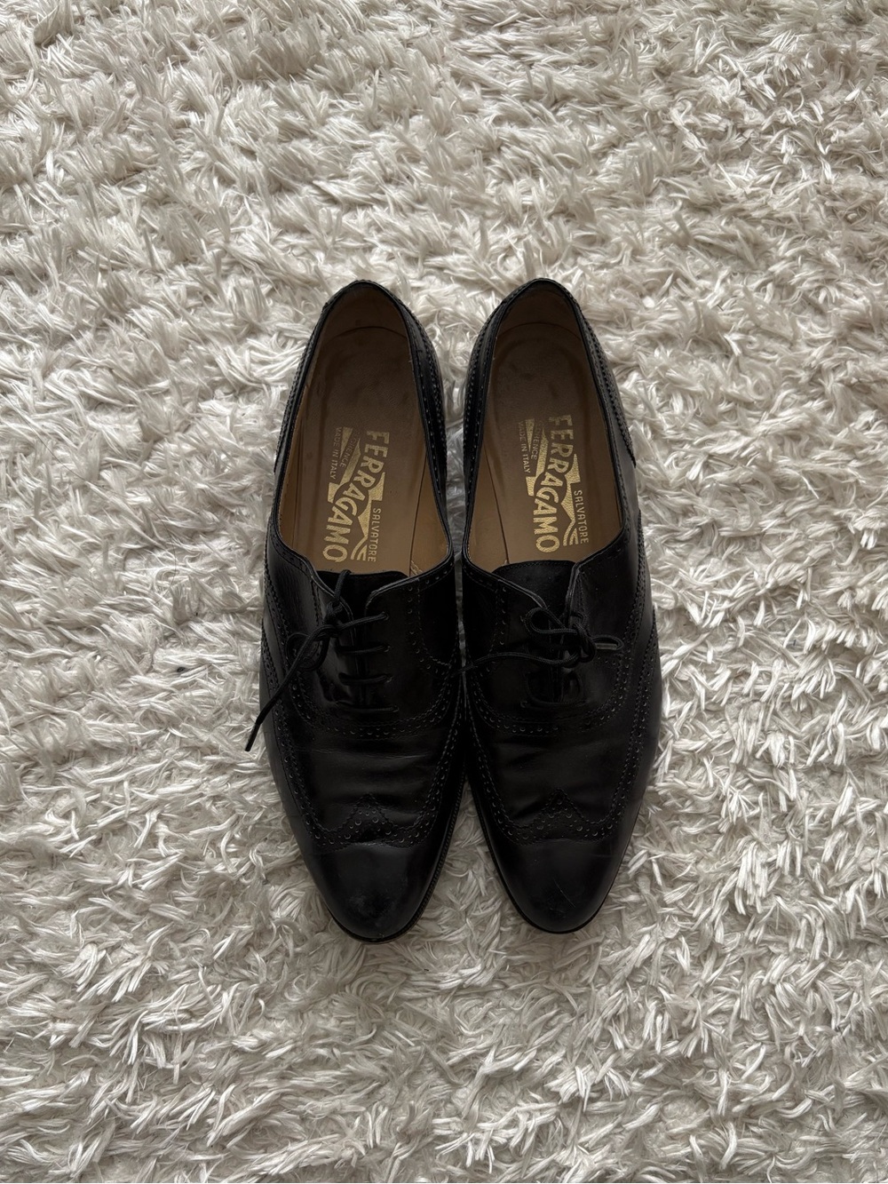 Salvatore Ferragamo All Black Leather Wingtip Oxfords Lace Up